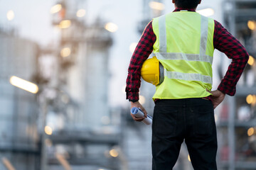 Industrial Confidence: A construction worker stands with confidence in a vast industrial complex, holding blueprints and a hard hat, embodying the spirit of progress and development. © Rassarin