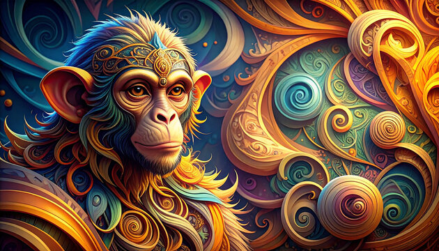 Artistic monkey portrait with vibrant ornate details and colorful background