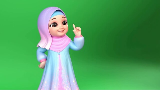 Cute Muslim girl in hijab cartoon pointing up on green screen