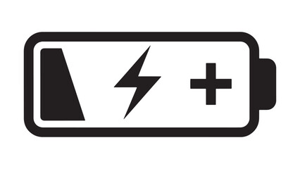 Fototapeta premium Low battery icon with lightning bolt symbol, empty power indicator in dark minimal style