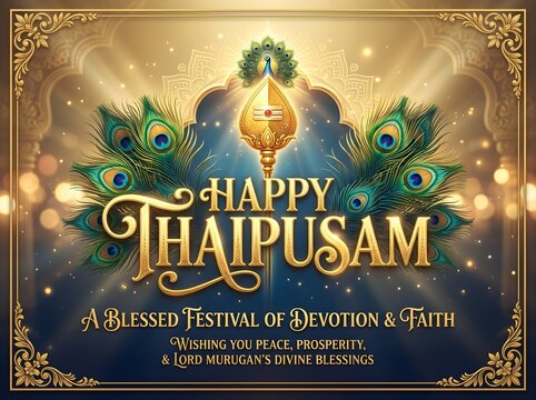 Premium devotional Happy Thaipusam festival poster with luxurious golden typography as the main focal point glowing softly with divine illumination elegant sacred Vel spear positioned behind the lette