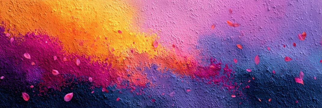 Wide panoramic textured paint smear Kpop backdrop blending warm orange magenta violet hues with floating rose petals, rough stucco surface suited for promotional header, art print, cosmetic packaging 