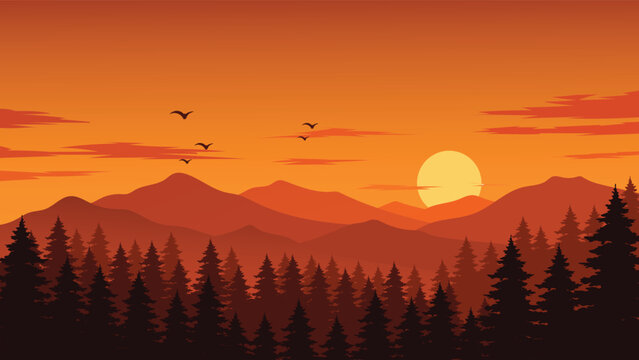 Flat design mountain landscape vector illustration with orange sunset sky and pine forest silhouette
