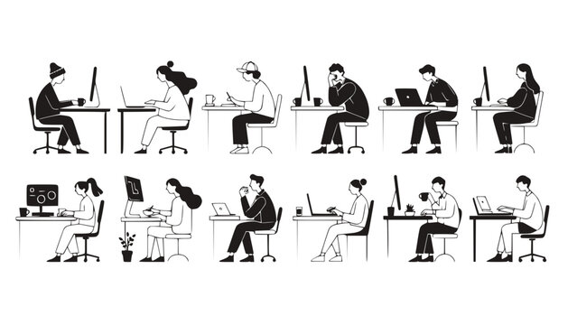 Diverse People Working On Laptops and Computers In Office Setting - Line Art Illustration