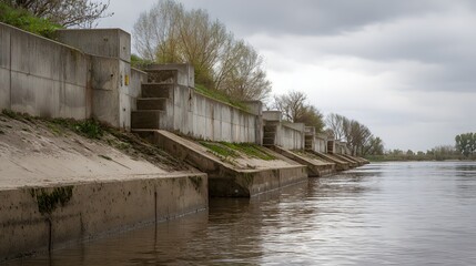 Fototapeta premium 河川沿いに続くコンクリート護岸と治水インフラの風景 Concrete river embankment with flood control infrastructure along waterway