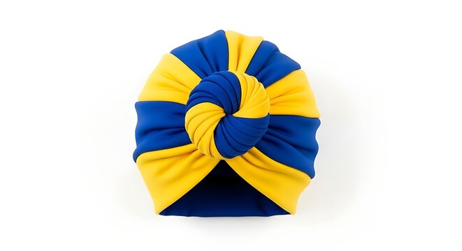 A vibrant blue and yellow striped turban headwrap displayed against a white background