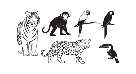 Obraz premium Wild animals set. tiger, monkey, parrots, leopard, toucan. jungle wildlife silhouettes and outlined creatures collection.
