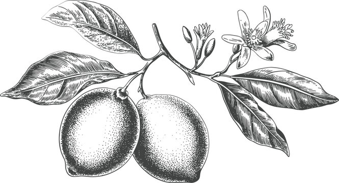 Vintage lemon branch illustration, engraved citrus fruit with leaves and blossom botanical drawing artwork