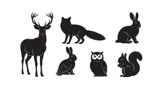Wild forest animal silhouettes including deer fox rabbit owl and squirrel for wildlife and nature conservation projects.