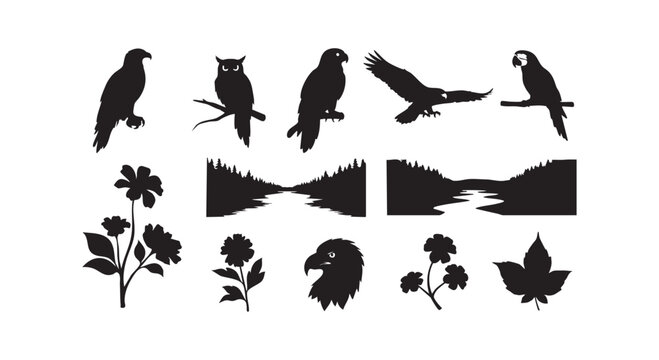 Wildlife silhouettes featuring birds of prey owls parrots and forest landscapes with river views for nature design projects.