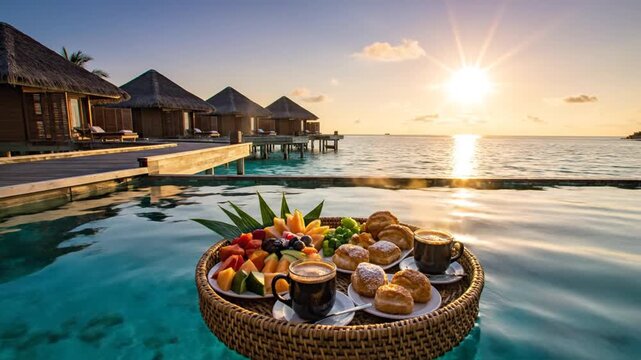 Floating breakfast tray with tropical fruit, pastries and coffee in an infinity pool at an overwater luxury resort during sunrise, with thatched villas and ocean background.