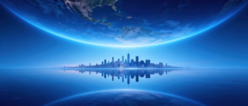 Futuristic glowing blue panoramic view of modern city skyline reflected in calm water with partial curved earth on dark background for global smart city and digital technology concept