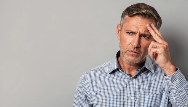 Man with gray hair touching his forehead appears to be deep in thought in a simple indoor setting during the day