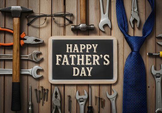 Hand tools and blue tie with happy father's day chalkboard sign on rustic wooden background for diy gifts and crafts