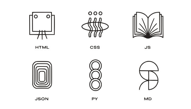 Web Development Icons: HTML, CSS, JS, JSON, PY, MD - Coding Symbols