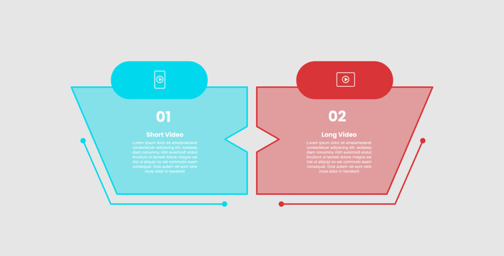 short vs long videos infographic template with trapezoid shape with round rectangle badge on top with 2 points comparison flat style