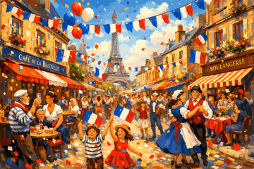 Fototapeta premium Vibrant Parisian street scene celebrating Bastille Day with people, flags, and confetti, Eiffel Tower in background.