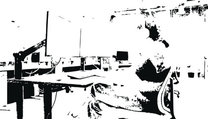 Fototapeta premium Modern office workspace with person working at computer desk, high contrast illustration