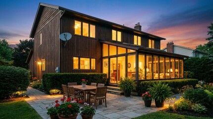 Fototapeta premium Elegant Two-Story Home with Glass Sunroom and Landscaped Backyard at Dusk.