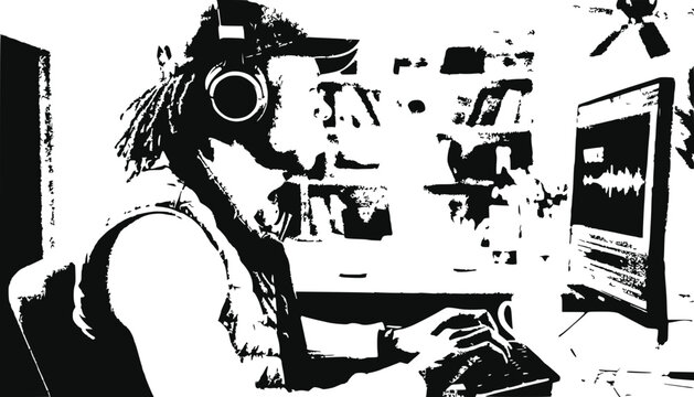 Gamer wearing headphones and cap plays video game on computer, digital art style