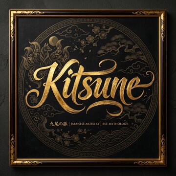 Golden Kitsune Typography with Light Effects in Ornate Frame Closeup