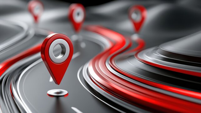 A futuristic black and red road with location pins marking specific points along the curving path.