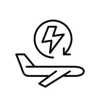 Flying airplane, lightning bolt in renew arrow. Fast return flights, rapid flight turnaround, quick flight rebooking, sustainable travel energy, rapid round-trip journeys. Pixel perfect, editable stro