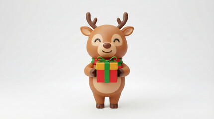 Obraz premium Cute 3D reindeer carrying a small wrapped gift box, cheerful expression, smooth cartoon modeling, isolated on white background