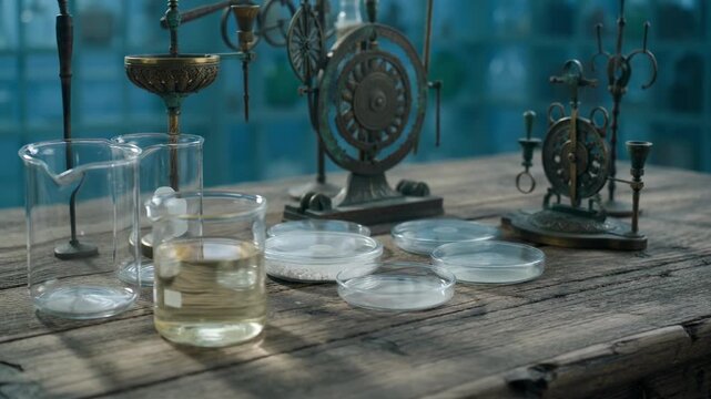 Vintage chemistry laboratory still life with glass beakers and antique brass measuring tools on rustic wooden table