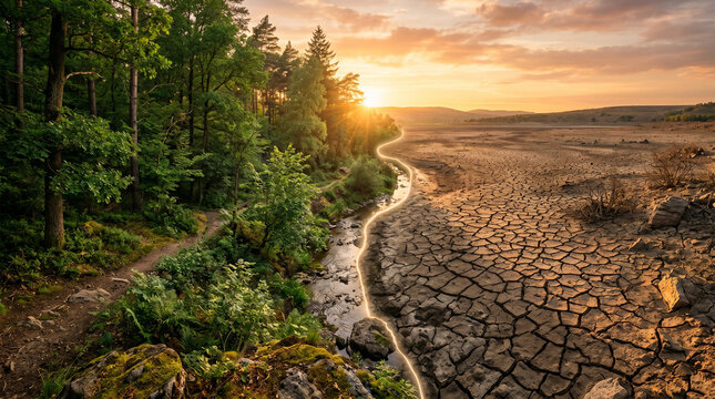 River flowing into drought-affected cracked land | Landscape showing water scarcity and environmental stress | Stream meeting parched earth under sunlight