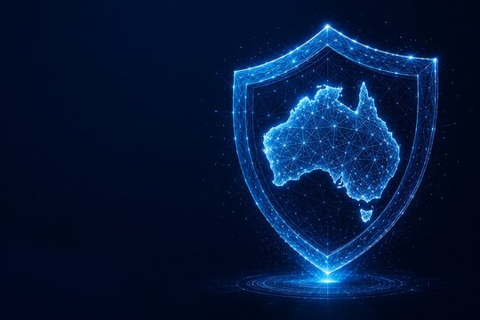 Shield containing the digital low poly map of australia representing national security and unity. king's birthday australia low poly with australia, security. king's birthday australia low poly