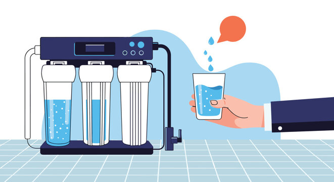 Person holds a glass of fresh water that has been purified by a modern reverse osmosis filtration system installed in a home kitchen.