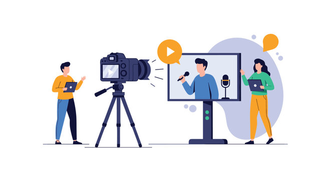 Professional film crew using a high quality camera to record a video presentation or news broadcast on a large screen monitor.