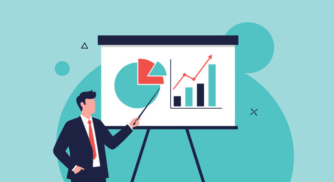 Professional businessman using a pointer to explain pie charts and bar graphs on a whiteboard during a corporate presentation.