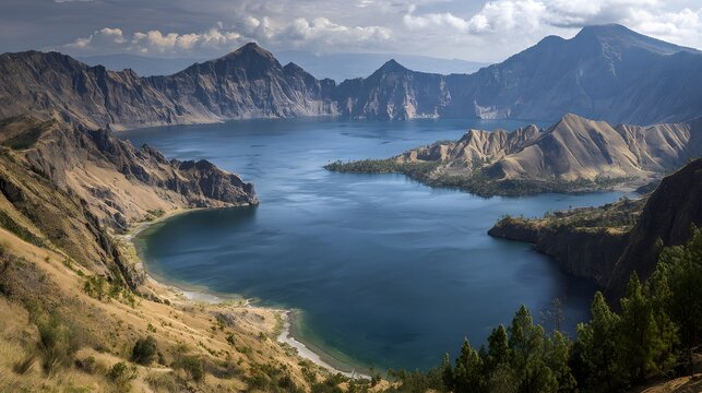 巨大カルデラ湖と火山地形が広がる壮大な自然景観
Large volcanic caldera lake surrounded by dramatic mountain landscape