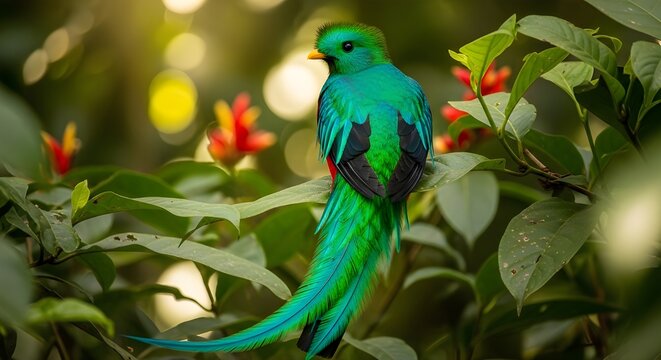 Resplendent quetzal bird with long vibrant green feathers perched peacefully on a lush plant branch in the tropical forest