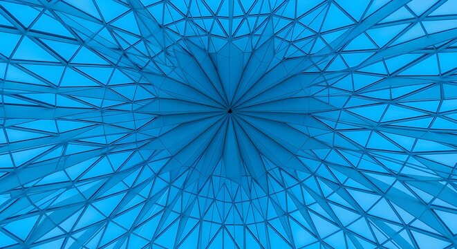 Abstract architectural glass dome ceiling features intricate geometric patterns and modern structural design elements in a bright blue color