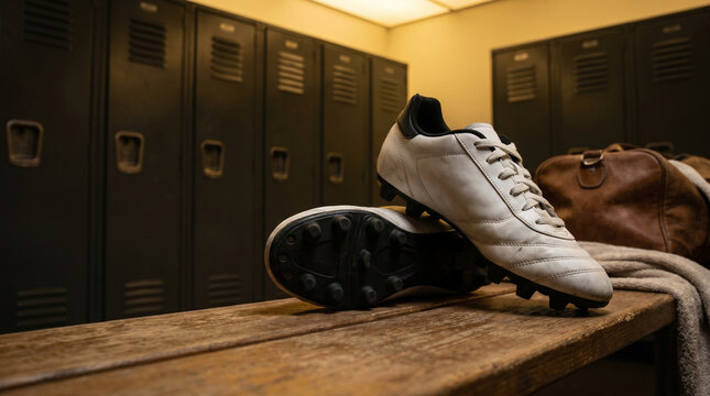 Generic Football Cleats on Wooden Locker Room Bench Before Match Day &mdash; Pre-Game Sports Equipment Preparation Concept With Blurred Metal Lockers