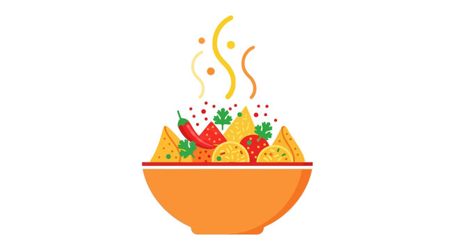Colorful bowl of nachos with vegetables.