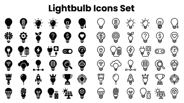 Library icons set features various lightbulb symbols and creative graphics