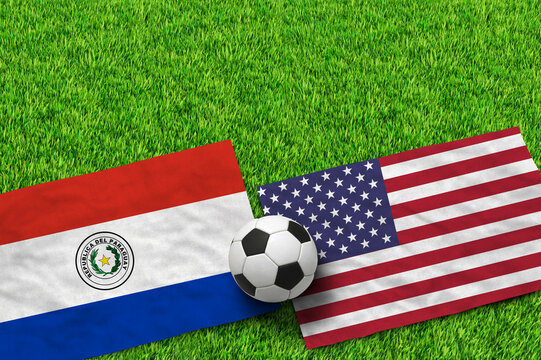 Paraguay and USA national flags with soccer ball on green grass