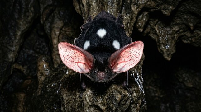 Rare Black Spotted Bat Hanging In Dark Textured Stone Cave