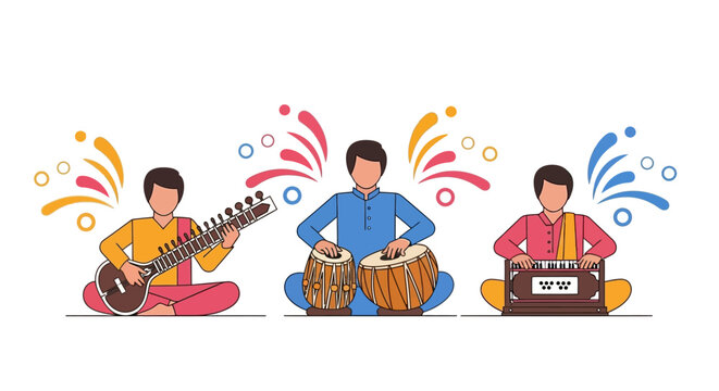 Three musicians playing traditional Indian instruments.