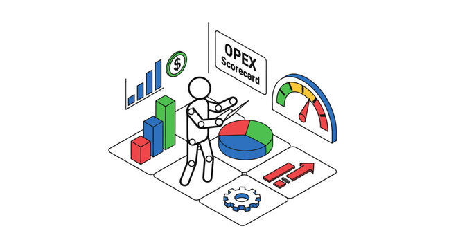 Business person analyzing OPEX financial performance metrics isometric.