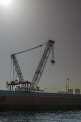 Obraz premium In the harbor, a giant industrial crane. Steel cables and pulleys. boom and hook. harbor crane. Gray sky background. Silhouette image.