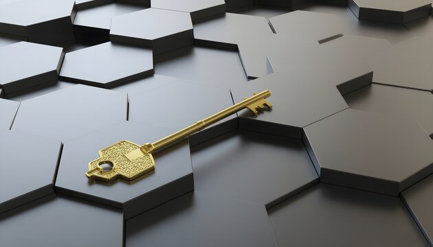 Golden key lies on interconnected hexagonal puzzle grid with 3D shapes