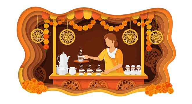 Woman serving tea at festival booth.