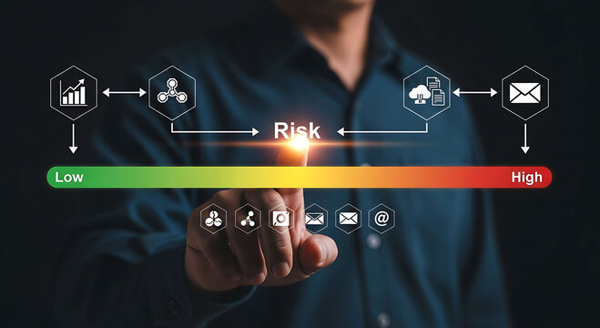 Businessman touching risk management assessment scale meter high and low levels