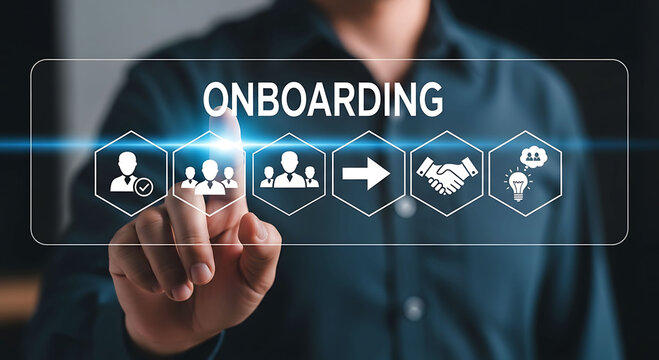 Businessman touching virtual onboarding interface for hiring and training new employees