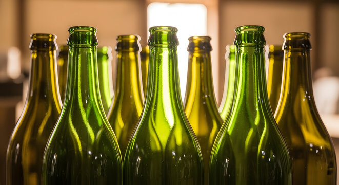 Row of empty green glass wine bottles standing together against blurred background